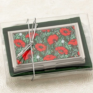 Red Poppy Business Card Holder with personalization Art Nouveau Business Card Case or Credit Card Wallet ID Card Metal Wallet image 3