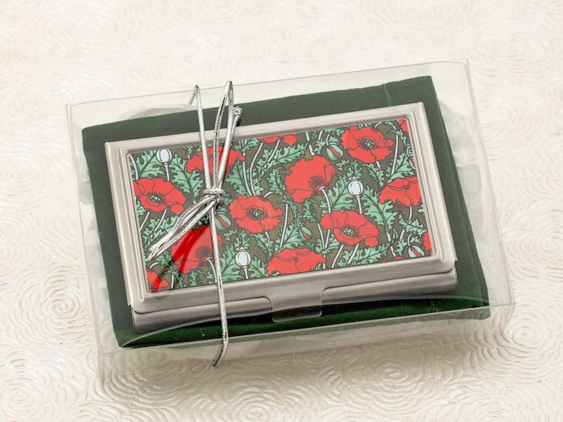 Red Poppy Business Card Holder with personalization Art Nouveau Business Card Case or Credit Card Wallet ID Card Metal Wallet image 3