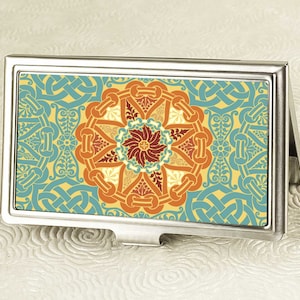 Celtic Medallion Teal Business Card Holder -  Credit Card Case - Vintage Business Card Case - Metal Card Wallet - ID Card Holder