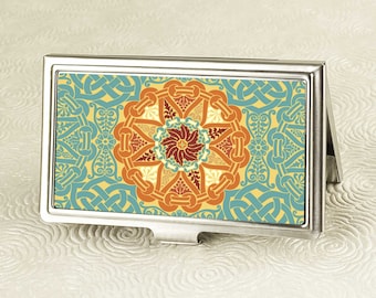 Celtic Medallion Teal Business Card Holder -  Credit Card Case - Vintage Business Card Case - Metal Card Wallet - ID Card Holder