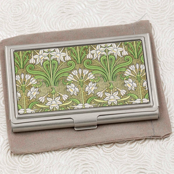 Jonquil Business Card Holder - Credit Card Case - Art Nouveau Floral Business Card Case - Vintage Card Holder - Metal ID Wallet - Boss Gift