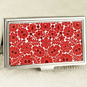 Red Floral Business Card Holder - Asian Art Deco Red Floral Business Card Case - Credit Card Case ID Wallet - Card Wallet - Employee Gift