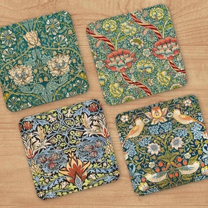William Morris Coaster Set of 4 - Victorian Style Barware - Polyester and Canvas Drink Coasters - Vintage Tableware -  Cocktail Party Set
