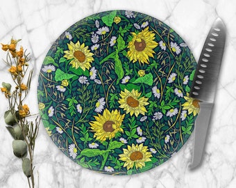 Sunflowers Print Round Cutting Board - Charcuterie Board - Hostess Gift - Tempered Glass - Spring Decor - 8 inch Size