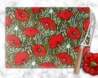 Art Nouveau Red Poppy Cutting Board - Charcuterie Board - Hostess Gift - Tempered Glass Server - Vintage Floral Print - 8 x 11 Size