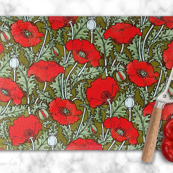 Art Nouveau Red Poppy Cutting Board - Charcuterie Board - Hostess Gift - Tempered Glass Server - Vintage Floral Print - 8 x 11 Size