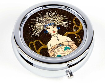 Pill Box with French Art Deco Woman in Peacock Costume - Retro Pill Case - Travel Pill Organizer - Pill Holder - Ring Box