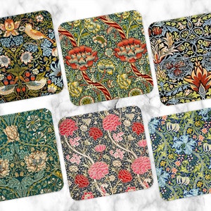 William Morris Coaster Set of 6 - Victorian Style Barware - Polyester and Canvas Drink Coasters - Vintage Tableware -  Cocktail Party Set