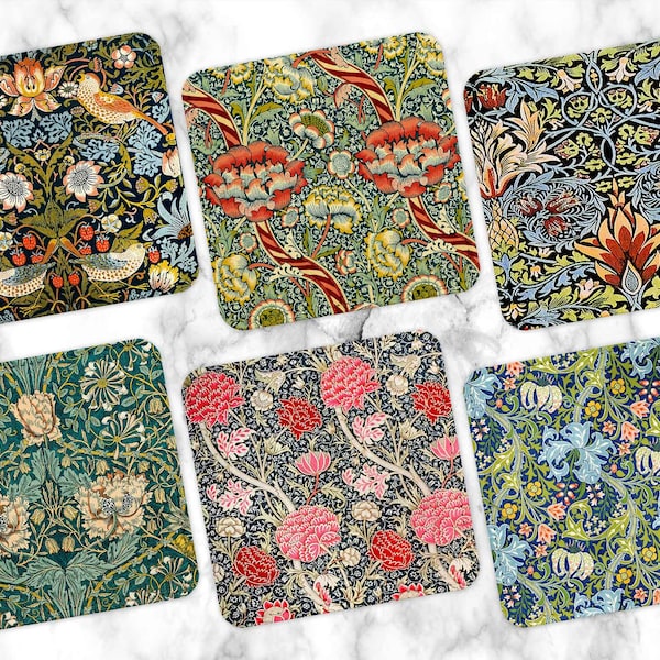 William Morris Coaster Set of 6 - Victorian Style Barware - Polyester and Canvas Drink Coasters - Vintage Tableware -  Cocktail Party Set