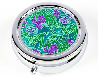 Pill Box - Art Nouveau Teal Floral - Pill Organizer - Floral Print Ring Presentation Box - Travel Pill Case - Pill Holder - Jewelry Box