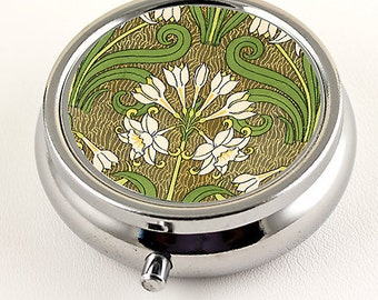 Art Nouveau Pill Box with Jonquil Flower in Green and White,  Wedding Ring Engagement Ring Box , Floral Trinket Box Unique Gift Box