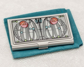 Charles Rennie Mackintosh Rose Business Card Holder - Art Nouveau Glasgow Credit Card Wallet - Business Card Case - ID Holder Boss Gift