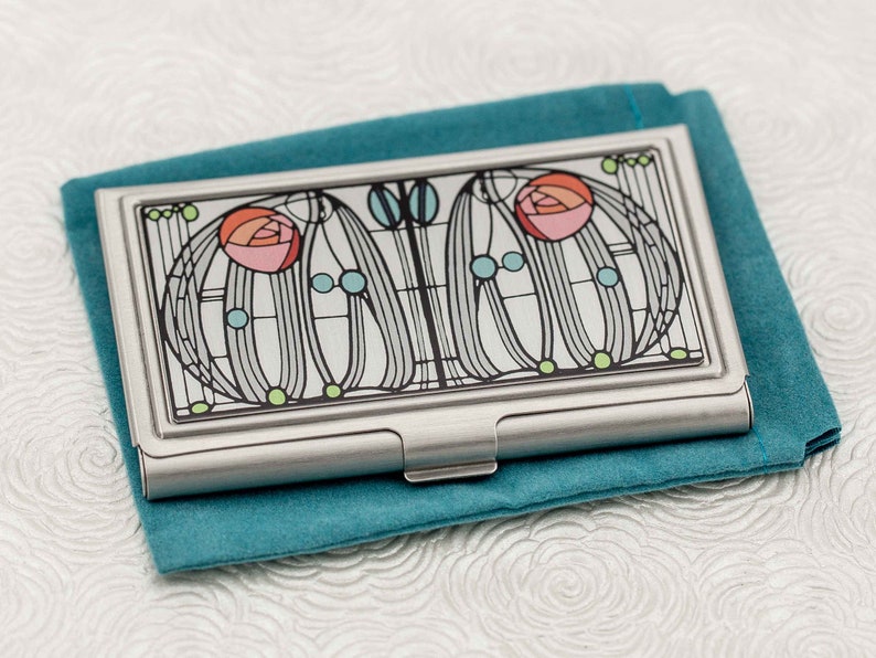 Charles Rennie Mackintosh Rose Business Card Holder Art Nouveau Glasgow Credit Card Wallet Business Card Case ID Holder Boss Gift image 1