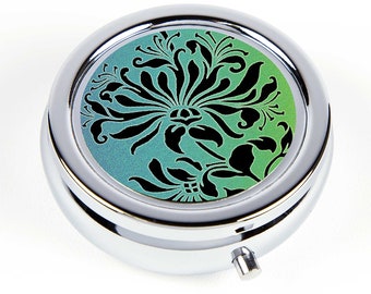 Black Floral Pill Box - Victorian Stencil Design in Black, Green and Blue, Pill Holder, Travel Pill Box, Pill Organizer, Pocket Pill Case