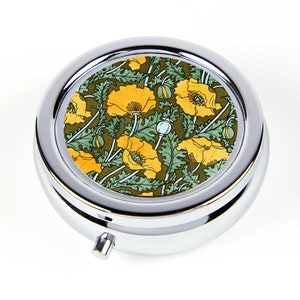 Art Nouveau style Pill Box Golden Yellow Poppies Vintage Pill Case with Poppy flower Travel Pill Organizer Pill Holder Ring Box image 1