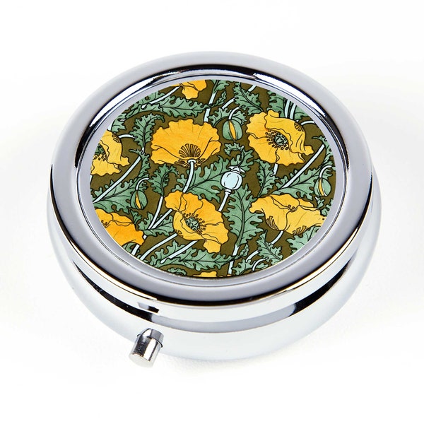 Art Nouveau style Pill Box - Golden Yellow Poppies - Vintage Pill Case with Poppy flower - Travel Pill Organizer - Pill Holder - Ring Box