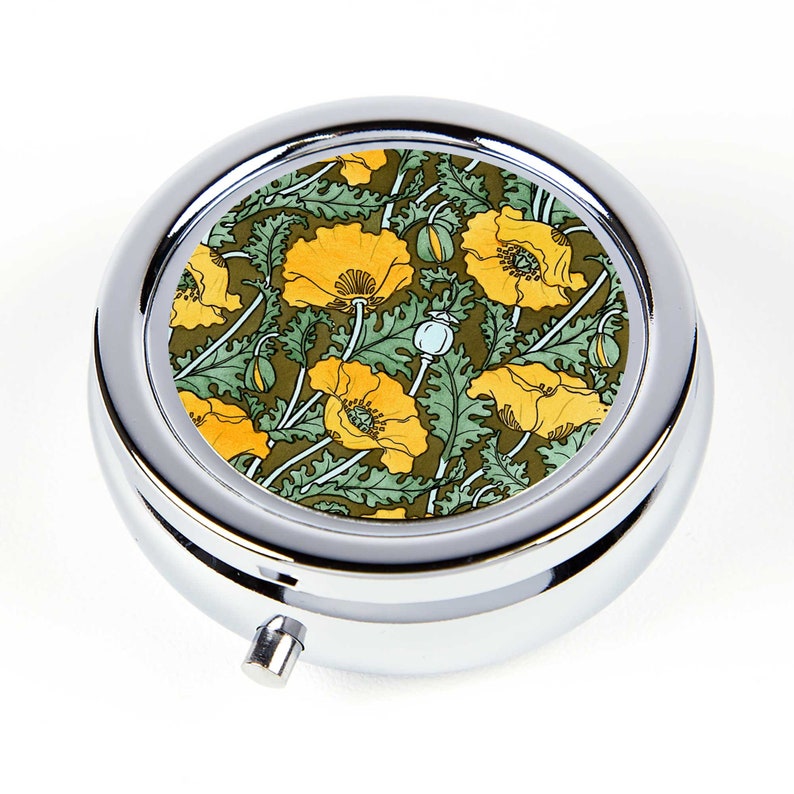 Art Nouveau style Pill Box Golden Yellow Poppies Vintage Pill Case with Poppy flower Travel Pill Organizer Pill Holder Ring Box imagem 1