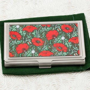 Red Poppy Business Card Holder with personalization Art Nouveau Business Card Case or Credit Card Wallet ID Card Metal Wallet image 1