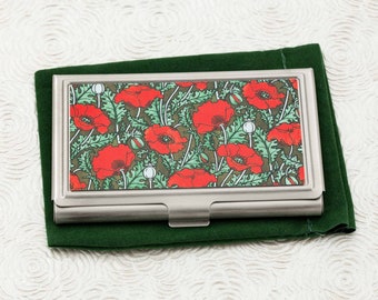 Red Poppy Business Card Holder with personalization -  Art Nouveau Business Card Case or Credit Card Wallet -  ID Card Metal Wallet