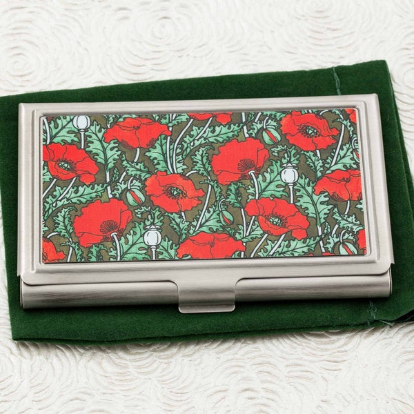 Red Poppy Business Card Holder with personalization -  Art Nouveau Business Card Case or Credit Card Wallet -  ID Card Metal Wallet