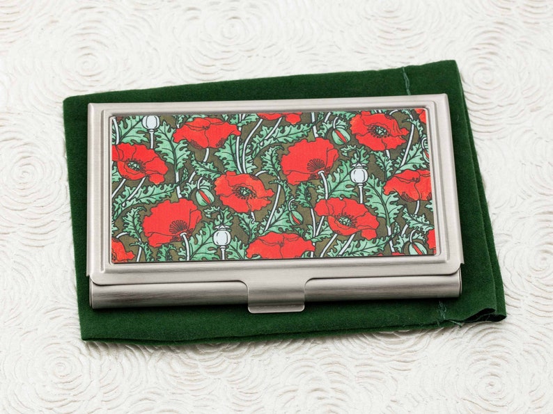 Red Poppy Business Card Holder with personalization Art Nouveau Business Card Case or Credit Card Wallet ID Card Metal Wallet image 1