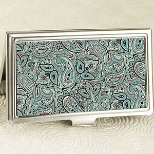 Estuche para tarjetas de visita con estampado de cachemira en color verde azulado - Tarjetero de metal - Tarjetero - Billetera - Regalo para empleados - Estuche para tarjetas de crédito - Billetera de viaje