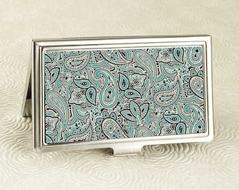 Teal Paisley Business Card Case - Metal Credit Card Holder - Business Card Holder Wallet - Employee Gift - Credit Card Case - Travel Wallet