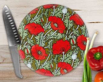 Art Nouveau Red Poppy Round Cutting Board - Charcuterie Board - Hostess Gift - Tempered Glass Server - Vintage Floral Print - 8 inch Size