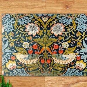 William Morris Strawberry Thief Floral Cutting Board - Glass Serving Board - Hostess Gift - Tempered Glass Tray - 8 x 11 Size