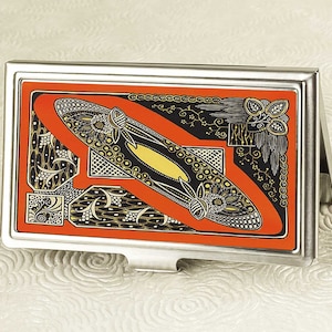 Porte-cartes de visite Art déco - Porte-cartes de visite orange moderne - Porte-cartes de style rétro - Porte-cartes - Portefeuille de voyage en métal - Cadeau patron