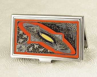 Art Deco Business Card Case - Orange Moderne Business Card Holder - Retro Style Card Wallet - Card Holder - Metal Travel Wallet - Boss Gift
