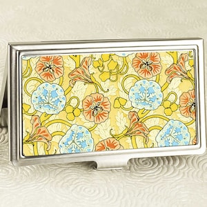 Nasturtium Business Card Holder with Personalization - Art Nouveau Floral Business Card Case -  Credit Card Wallet - Metal ID Wallet