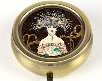 Pill Box with French Art Deco Woman in Peacock Costume - Retro Pill Case - Travel Pill Organizer - Pill Holder - Ring Box