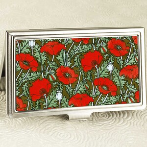 Red Poppy Business Card Holder with personalization Art Nouveau Business Card Case or Credit Card Wallet ID Card Metal Wallet image 2