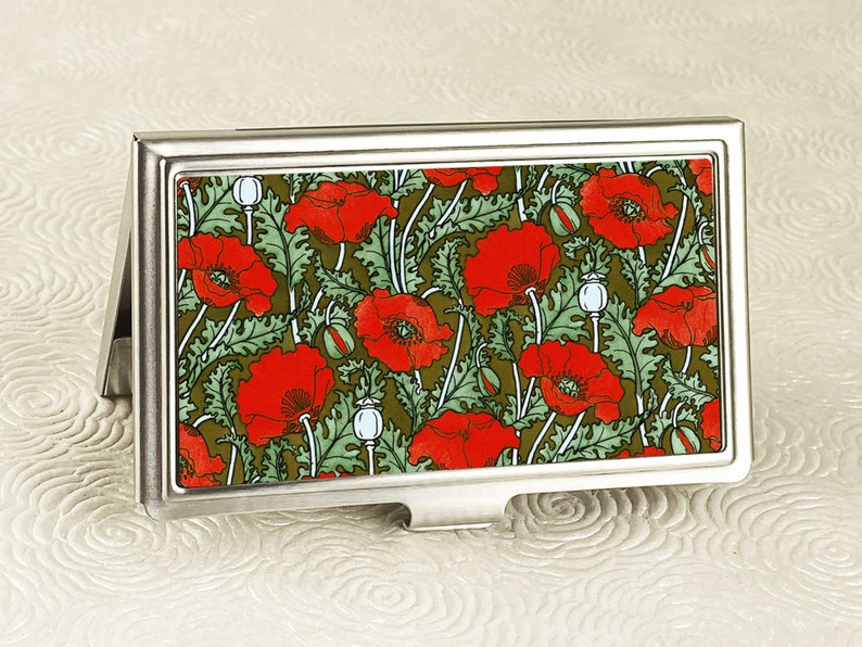 Red Poppy Business Card Holder with personalization Art Nouveau Business Card Case or Credit Card Wallet ID Card Metal Wallet image 2