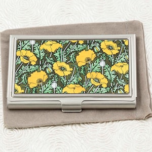 Estuche para tarjetas de visita con diseño floral, tarjetero de crédito, diseño Art Nouveau de amapola dorada, billetera para tarjetas de identificación o billetera de metal, regalo para emprendedores