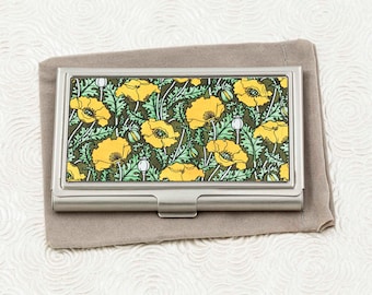 Floral Business Card Case, Credit Card Holder - Art Nouveau Golden Poppy Design -  ID Card Wallet or Metal Wallet - Gift for Entreprenuers