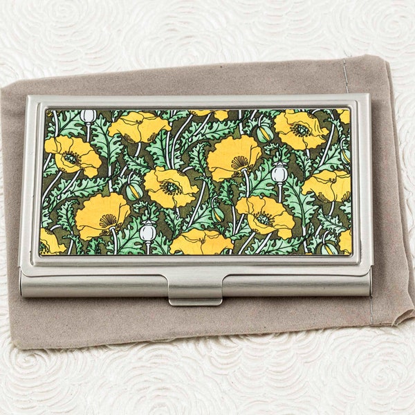 Floral Business Card Case, Credit Card Holder - Art Nouveau Golden Poppy Design -  ID Card Wallet or Metal Wallet - Gift for Entreprenuers