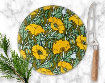 Art Nouveau Yellow Poppy Round Cutting Board - Charcuterie Board - Hostess Gift - Tempered Glass Server - Vintage Floral Print - 8 inch Size