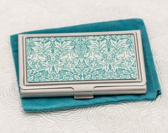 Business Card Holder -William Morris Brother Rabbit Teal and Cream -Credit Card Case Card Holder - Card Wallet - Business Card Case