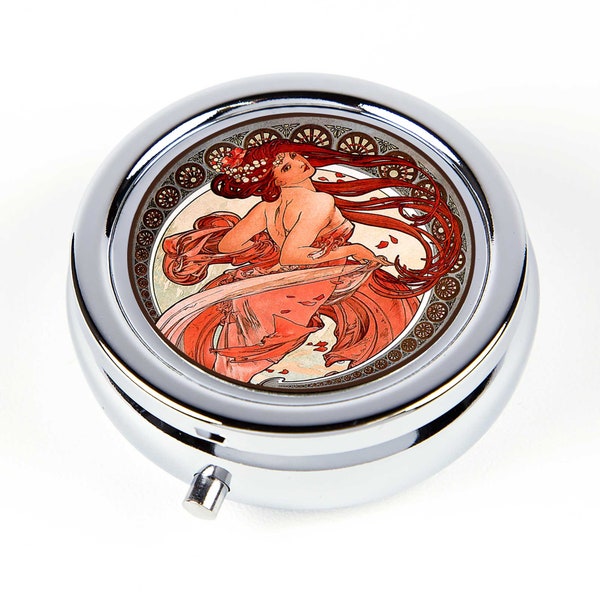 Mucha Art Nouveau Pill Box with Dancing Girl, Retro Vintage Trinket Box, Pill Organizer, Pill Holder, Ring Presentation Box, Jewelry Box