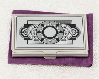 Personalized Silver Geometric Art Deco Business Card Holder - Business Card Case or Card Wallet - Credit Card Holder - ID Case