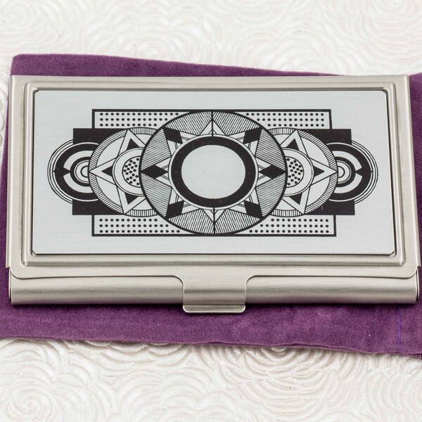 Personalized Silver Geometric Art Deco Business Card Holder - Business Card Case or Card Wallet - Credit Card Holder - ID Case