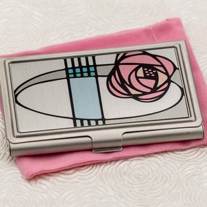 Art Nouveau Mackintosh Rose Business Card Holder - Credit Card Case - Pink Rose Petal Flower Business Card Case - Metal ID Card Wallet