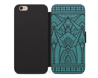 Art Deco Empire Teal iPhone Wallet Case with Card Slots, Stand, and Magnetic Clasp, Christopher Dresser Inspired Faux Leather iPhone Case