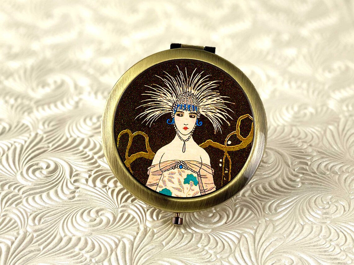 Art Deco Peacock Lady Compact Mirror Vintage Pocket Mirror Etsy