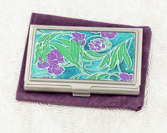 Art Nouveau Business Card Holder, Credit Card Wallet - Purple, Green and Teal Flower Design Card Wallet or Metal Wallet - Executive Gift