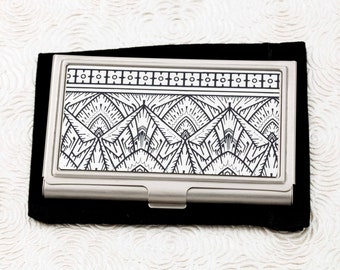 Empire Silver Business Card Holder -  Silver and Black Art Deco Business Card Case - Credit Card Case - Calling Card Case - ID Card Wallet