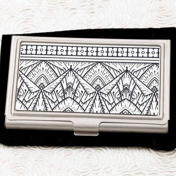 Empire Silver Business Card Holder -  Silver and Black Art Deco Business Card Case - Credit Card Case - Calling Card Case - ID Card Wallet