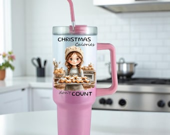 Vaso térmico personalizado de acero inoxidable con el mensaje "Las calorías no cuentan" para Navidad.